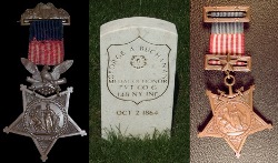 Left: Army Medal of Honor, early design. Center: Headstone with recognition for a Medal of Honor recipient. Right: Navy Medal of Honor; early design.