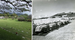 Left: Burial section at NMCP, today. Right: Flag draped caskets for interment at NMCP in 1949
