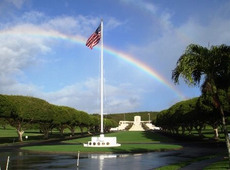 American Flag at Half Mast, entrance to the National Cemetery of the Pacific