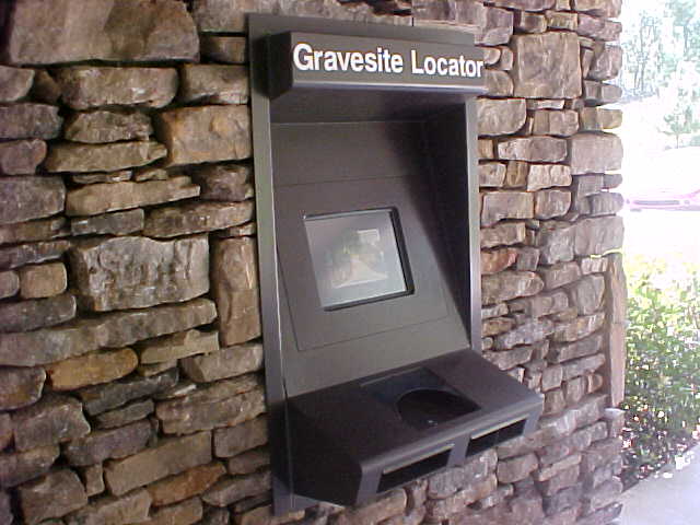Picture of a cemetery's gravesite information kiosk.