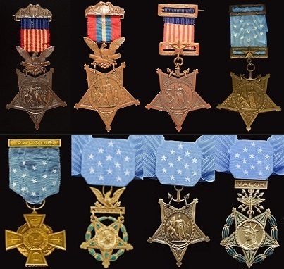 Eight photos of the eight distinct Medal of Honor designs across all military branches.