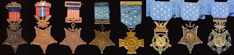 Eight photos of the eight distinct Medal of Honor designs across all military branches.