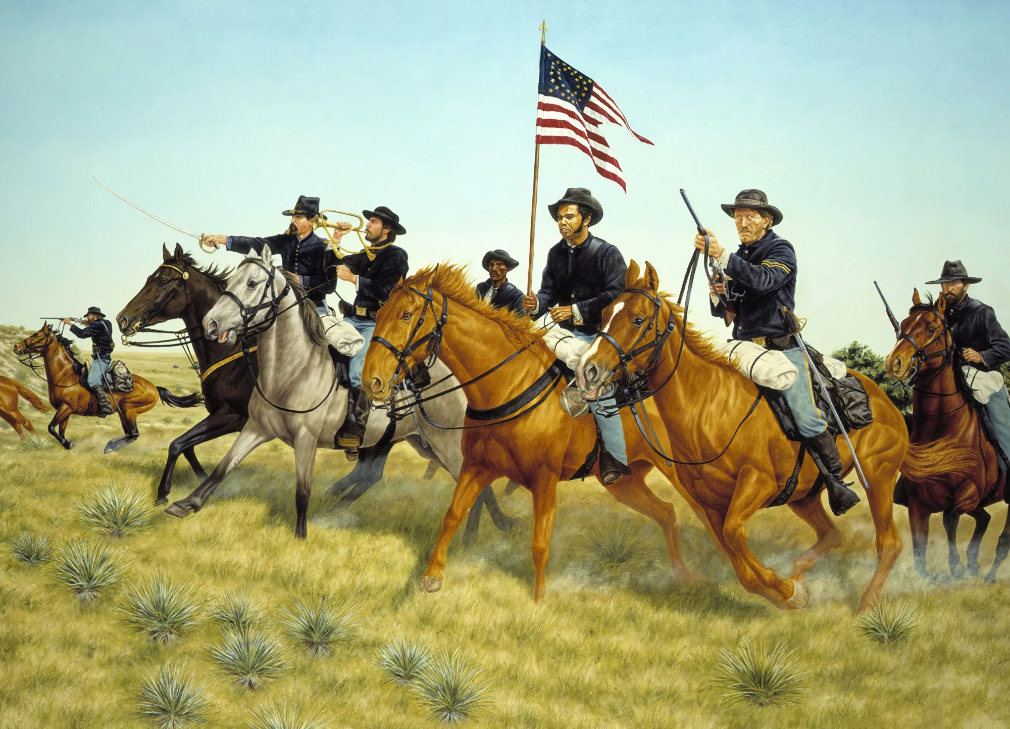 Painting of soldiers on the plains during the Indian Wars.