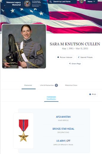 Screenshot of VLM profile page for Sara M Knutson Cullen.