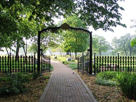 Historic gate and Memorial Walkway at Rock Island National Cemetery.