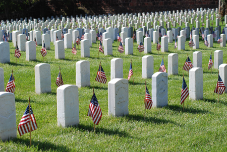 Civil War headstones on Memorial Day at Alexandria National Cemetery.