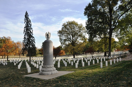 12-foot granite grave marker of Gen. Henry Leavenworth at Fort Leavenworth National Cemetery.