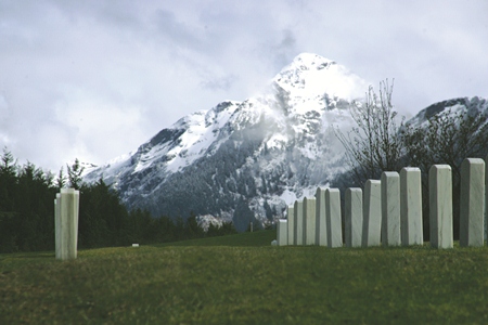 Burial area at Sitka National Cemetery with Mt. Verstovia in the background.