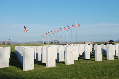 Miramar National Cemetery headstones and flags.