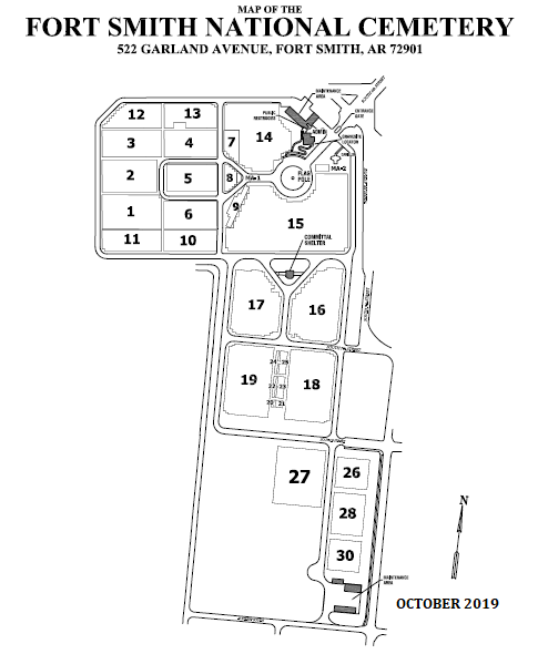 Map of Fort Smith National Cemetery. Fort Smith National Cemetery administration office and gravesite locator are on the right after entering from South 6th Street.