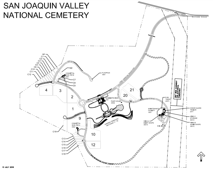 Map of San Joaquin Valley National Cemetery. The entrance to the San Joaquin Valley National Cemetery is accessed from McCabe Road, which becomes Tres Cerritos Boulevard at the entrance. The Administration Building is located on the left side.