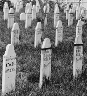 Detail of a photograph of Alexandria National Cemetery, Virginia, 1862–1869, showing graves marked by wooden headboards. Photographer, probably Andrew Russell. (Library of Congress)