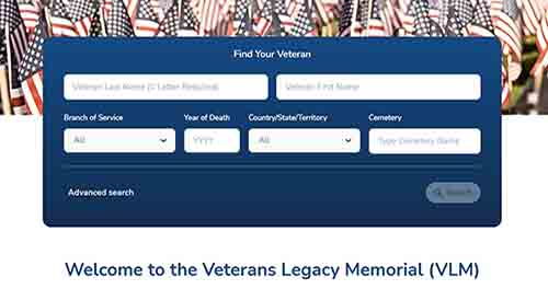 Banner image: Welcome to the Veterans Legacy Memorial (VLM). Find Your Veteran.