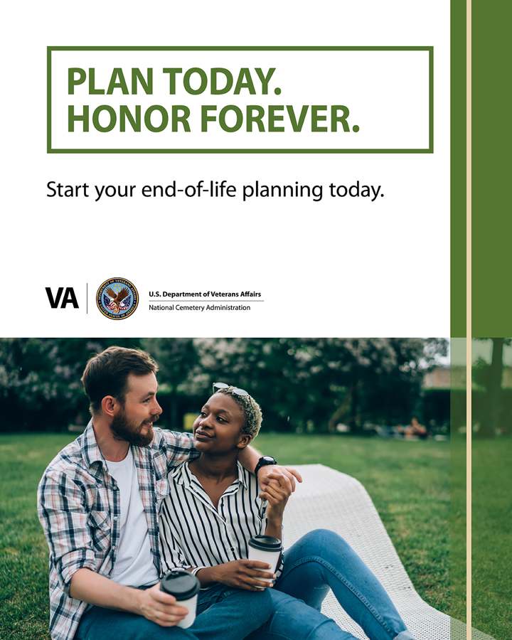 Product thumbnail: Plan Today Graphic 1 - A couple sits on a blanket outdoors, smiling and holding coffee, beneath text promoting end-of-life planning from the U.S. Department of Veterans Affairs.