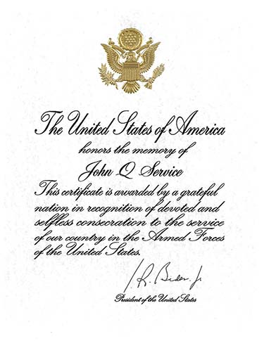 Sample Presidential Memorial Certificate