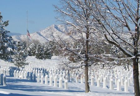 A photo of rows of white upright markers aligned symmetrically on an open lawn. A small lake with a fountain in the center is set in the background.